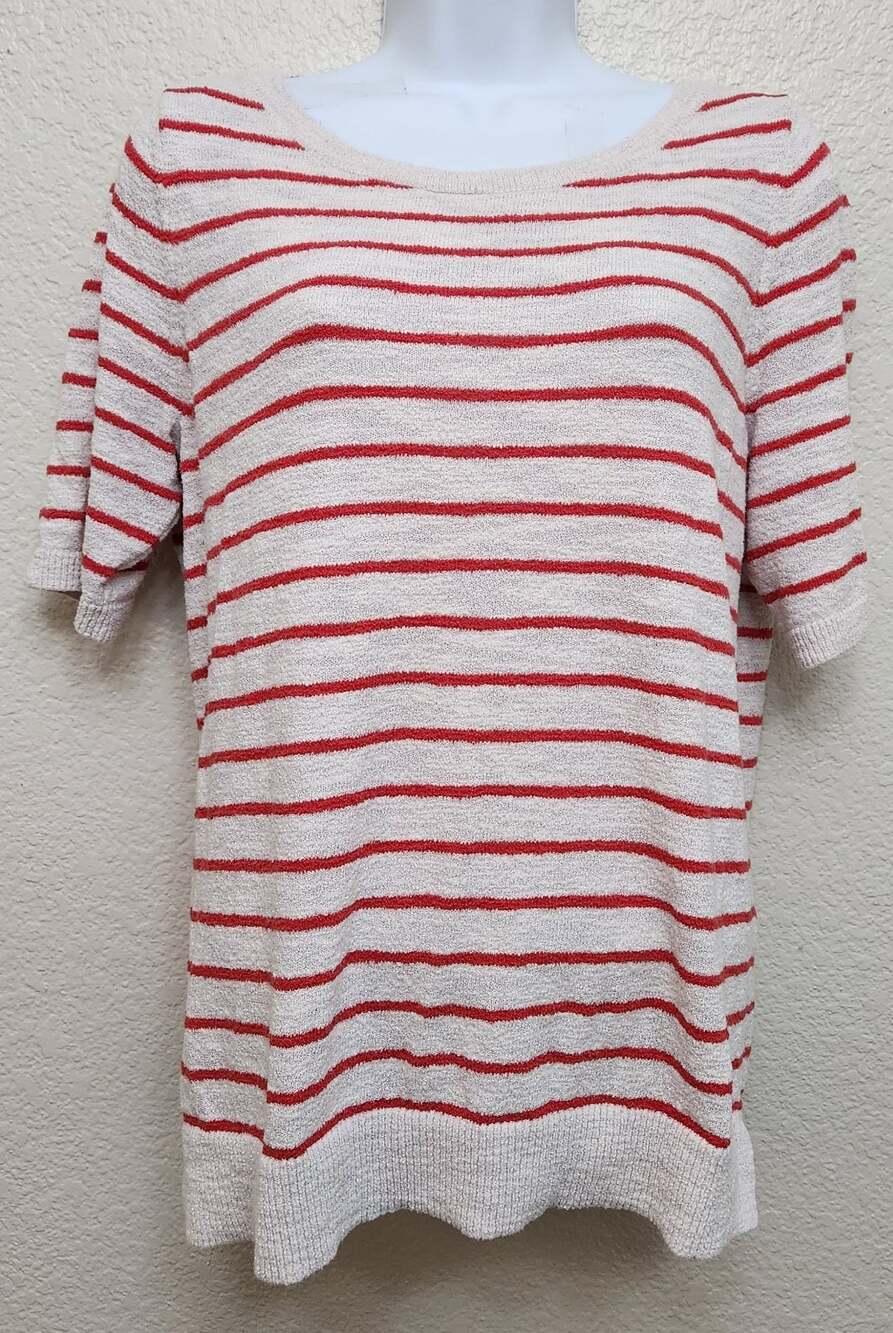 Loft Red Cream Striped Tight Knit Top Large Lightweight Soft Stretch Round Neck